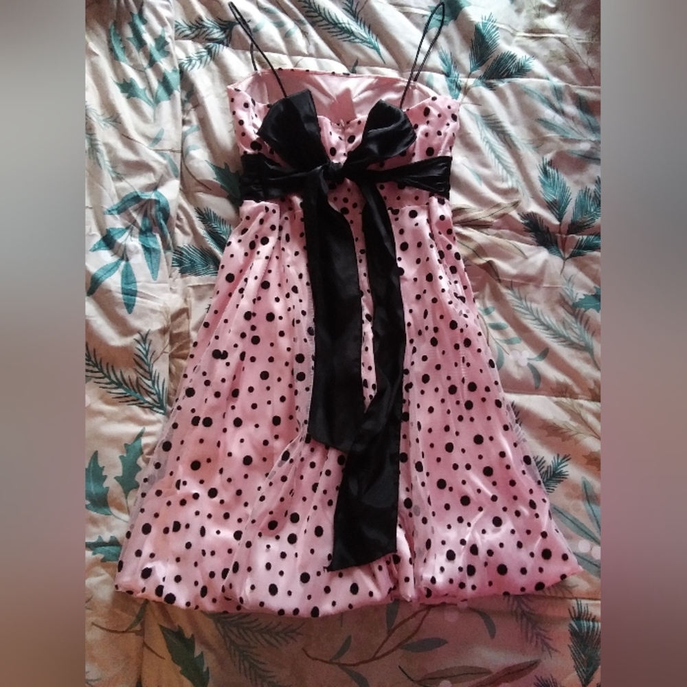 Pink Polka dot dress with black bow tie